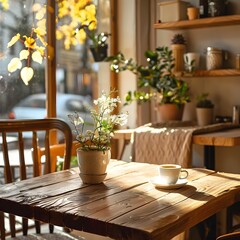 Morning Light Streaming Through Cafe Window onto Wooden Table, To convey a sense of warmth, comfort, and tranquility
