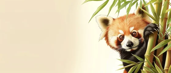 Poster  A curious panda or red panda peeks out from behind a bamboo stalk with copy space for text. © Nopparat