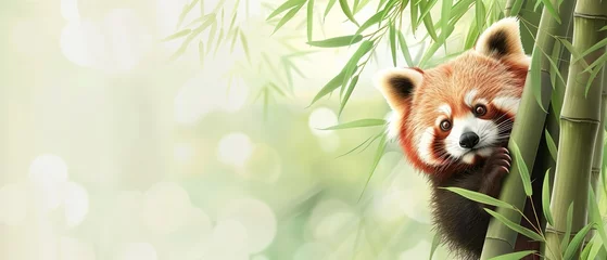   A curious panda or red panda peeks out from behind a bamboo stalk with copy space for text. © Nopparat