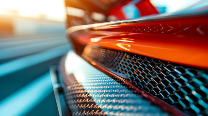 Close up of red sports car on highway showing front grille and hood - obrazy, fototapety, plakaty
