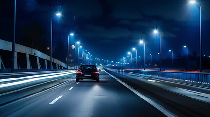 Vehicle with automotive lighting driving on highway at night