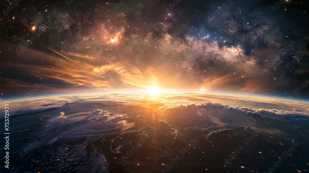 Wall mural a breathtaking view of earth in space with the suns rays peeking over the horizon against a galaxy s