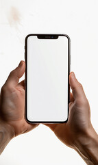 Mockup of hands holding an iPhone. White background. AI Generated