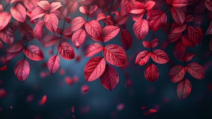 Vibrant red leaves floating against blue background, nature meets art. dreamy autumn scene for calm and inspiration. AI
