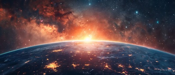 A 3D illustration of Earth with a glowing sunrise set against the cosmic tapestry of galaxies reflecting the themes of science nature and global awareness - obrazy, fototapety, plakaty