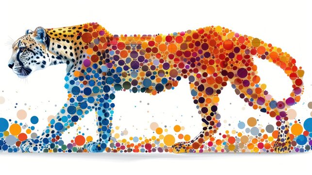 a colorful picture of a cheetah on a white background with circles in the shape of a large, multicolored cheetah.