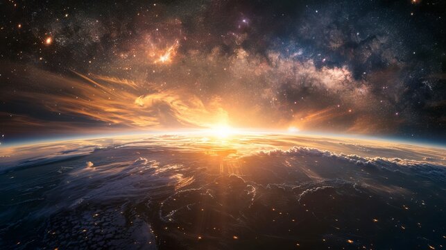 A breathtaking view of Earth in space with the suns rays peeking over the horizon against a galaxy studded backdrop embodying nature and global unity
