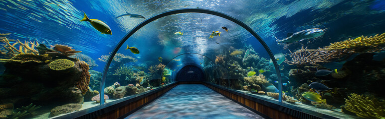 Tunnel aquarium with various fish.Panorama view.  Generative AI