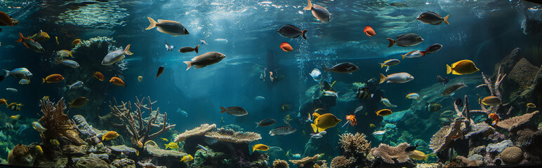 Aquarium with various fish.Panorama view. Generative AI