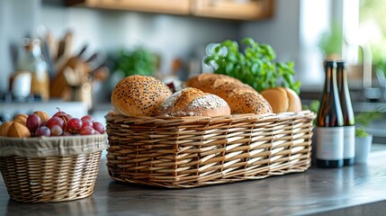 Freshly baked bread in a woven basket on kitchen counter. homestyle comfort food. ideal for bakery or home cooking concept. cozy kitchen setting. AI
