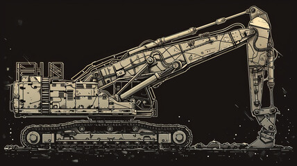 A cartoon-like cartoon drawing of a concrete pump. The lines of that drawing are thick. The concrete pump looks drunk. on black background,generative ai