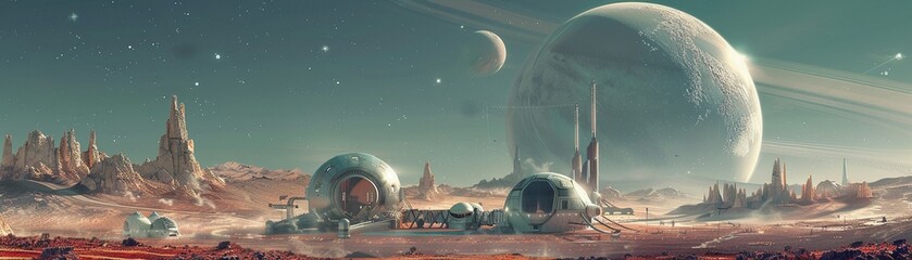 the panoramic vista of a futuristic space settlement, its avant-garde architecture juxtaposed against the desolate landscape of an alien desert planet - obrazy, fototapety, plakaty