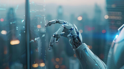 Robotic investment analyst, silver and blue design, hands gesturing to manipulate virtual data, panoramic windows in background showing city skyline.