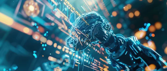 Fototapeten High-tech robot with graph projection capabilities, neon circuitry, engaging in algorithmic trading, surrounded by floating digital interfaces. © Pongsapak