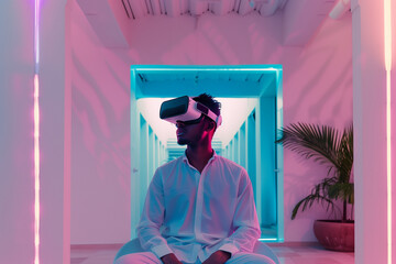 Arabic man dressed all white wearing vr glasses. Surrounded by white buildings. AI Generated