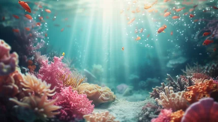 Poster Tropical coral reef scenery. Seascape. Sea. colorful soft coral with orange fishes and ocean starfish. Sun under the sea.  © Jullia