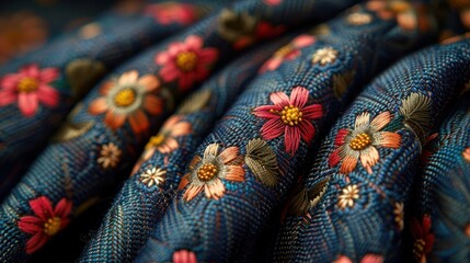 a close up of a blue cloth with flowers on it and a red flower on the side of the fabric.