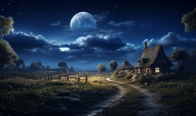 Old village at night, beautiful ancient rural landscape with moon and stars, illustration generated by ai - obrazy, fototapety, plakaty