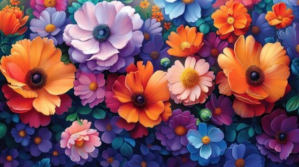 a painting of a bunch of flowers on a blue and orange background with orange, pink, purple, and blue petals.