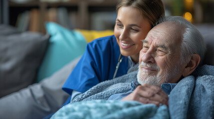 A heartwarming scene of a smiling nurse providing comfort to a content elderly man in a well-lit living room.