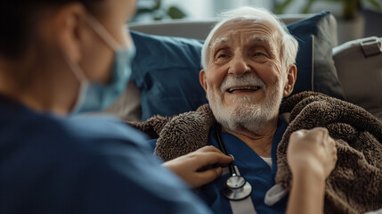 An elderly man with a joyous expression as a nurse in a mask tends to him, conveying safety and care.
