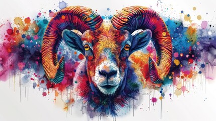 a painting of a ram's head with multicolored paint splattered on it's face.