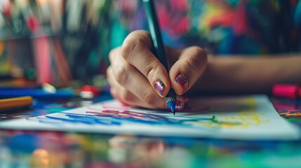 Detailed close up of a hand signing an artistic contract with the signature being creatively stylized set against a backdrop of art supplies