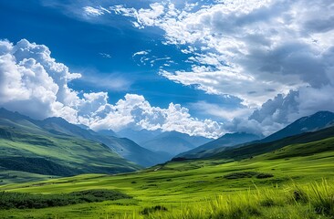 Fototapeta premium A breathtaking Canon EOS R5 capture of a lush, green valley and towering mountains under a cloud-dotted blue sky in Himachal Pradesh.