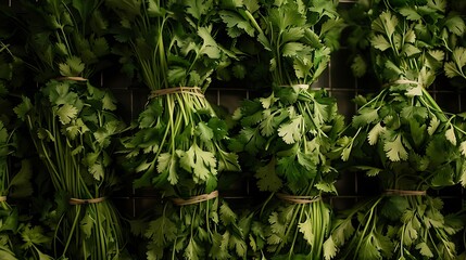 bundles of cilantro in a zigzag formation for visual interest