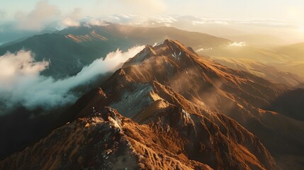 Sunlit New Zealand peak with climber ascending, amidst clouds and fog, captured from above with a Sony Alpha A7 III, in a breathtaking 16:9 aspect ratio.