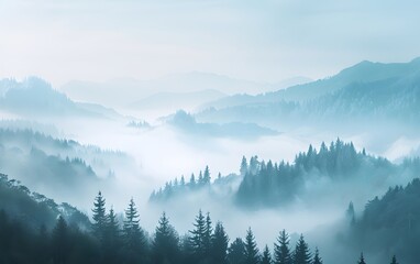 Obraz premium Minimalistic Misty Forest and Mountain Landscape in Unsplash Style, Aspect Ratio 8:5