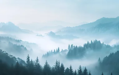 Rolgordijnen Minimalistic Misty Forest and Mountain Landscape in Unsplash Style, Aspect Ratio 8:5 © Pierre