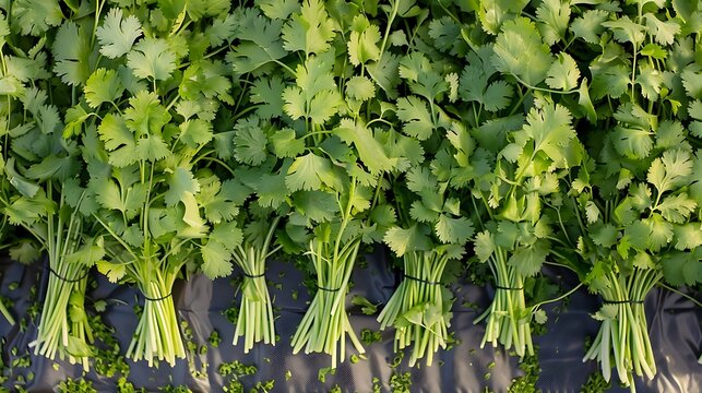 bundles of cilantro in a zigzag formation for visual interest
