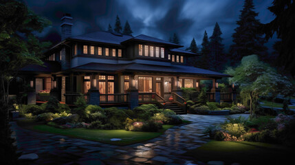 Nighttime elegance an aerial perspective showcases the timeless appeal of a classic craftsman house, its deep mahogany exterior illuminated by moonlight.