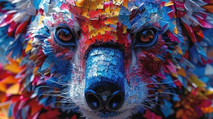a close up of a bear made out of many different colored pieces of paper with a blue nose and brown eyes.