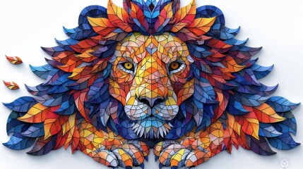 a multicolored paper sculpture of a lion's head with leaves on the sides of it's head.