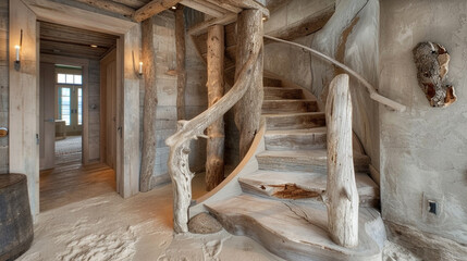 A beach house staircase with weathered driftwood railings and sandy-colored steps