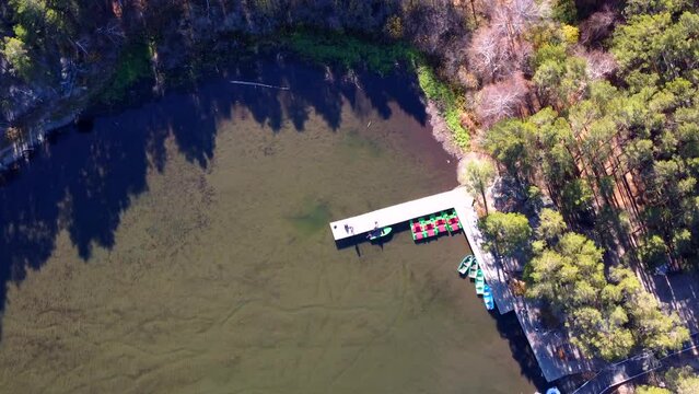 An aerial view of the fascinating nature of Borovoye, a stunning view of Lake Burabay, a pier with boats, and a forest with coniferous trees all around.
