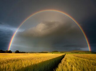 Obraz premium UK, Scotland, Rainbow arching against dark storm clouds over vast barley (Hordeum vulgare)
