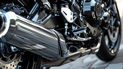 Close up image of a motorcycles exhaust pipe, showcasing automotive design - obrazy, fototapety, plakaty