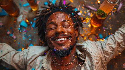Top view of crop anonymous male lying on floor with colored paper streamers and bottle of champagne during festive occasion.