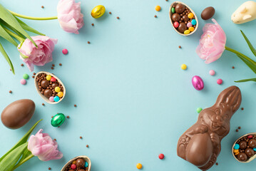 Enchanting Easter collection theme. Top view of fragmented chocolate eggs stuffed with multicolored treats, chocolate bunny, sprinkles, and fresh tulips on a pastel blue canvas, with space for words