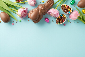 Charming Easter assortment idea. Top view of opened chocolate eggs revealing assorted candies, a...