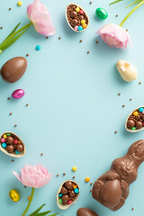 Charming Easter assortment display. Directly top view vertical shot of cracked chocolate eggs, filled with colorful candies, chocolate bunny, tulips on light blue canvas, space for text or advertising