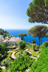 view of Tyrrhenian Sea blue waters and Amalfi coast of Italy at summer