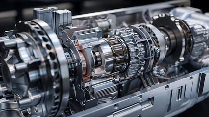 Metal gearbox close up on black surface, part of automotive wheel system