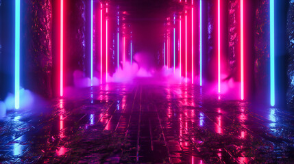 Neon Lights in a Futuristic Tunnel, Glowing Abstract Interior, Modern Design Elements