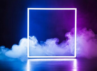 Purple Neon Light with white smoke-Cloud Formation. Square shaped Fluorescent Frame.