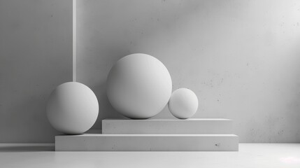 A minimalist composition of 3D geometric shapes against a monochrome background
