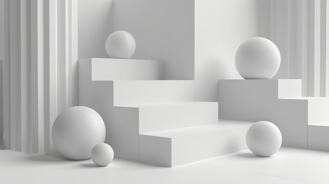 A minimalist composition of 3D geometric shapes against a monochrome background